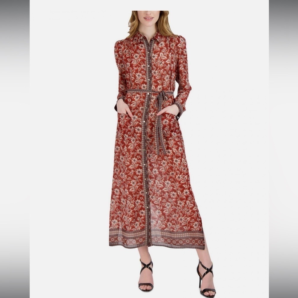 Donna Ricco Women's Printed Maxi Shirtdress Rust Multi Orange size 12 Unlined